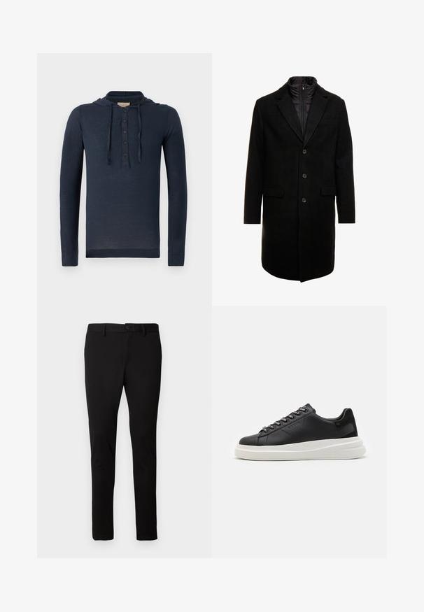 Fekete gyapjú keverékből készült overál, letisztult dizájnnal, cipzárral ellátott szigetelt belső réteggel, három gombbal és két elülső zsebből.; Tengerészkék, hosszú ujjú, kapucnis ing, gombos gallérral és húzózsinórral, könnyű és enyhén áttetsző anyagból.; Fekete, slim-fit nadrág övbújtatókkal, elülső gombbal és cipzárral, egyszerű világos háttéren bemutatva.; Fekete bőr sportcipő fehér gumitalppal, lapos fűzőkkel és márkázott fűzőlyukakkal. Puha tapintású, kontrasztos oldali akcentussal.