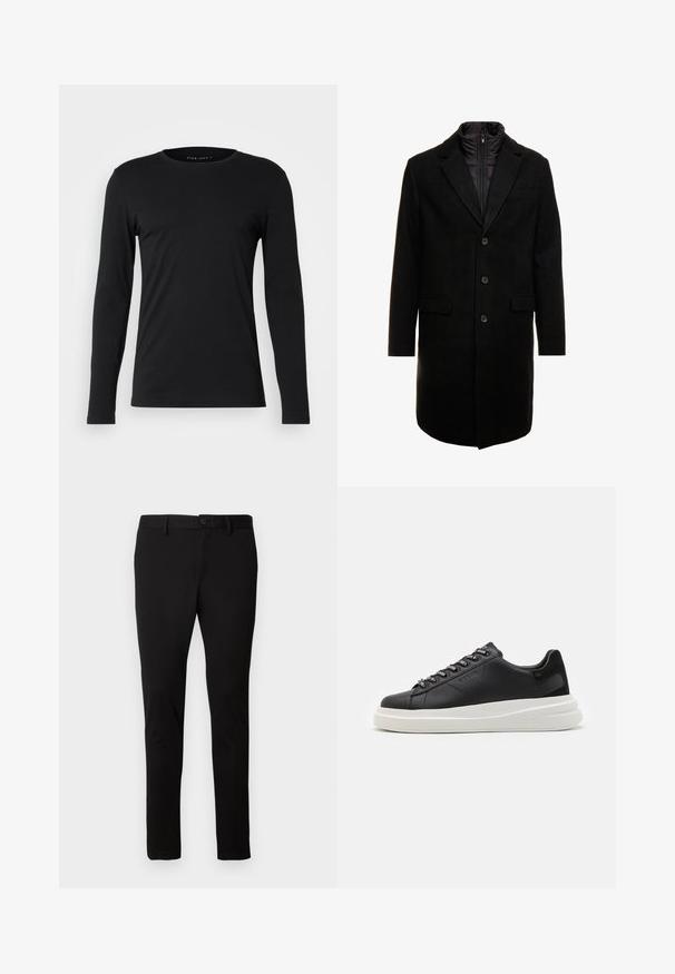Črn volnen mešani plašč s sleek oblikovanjem, ki vključuje notranjo plast z izolacijo, tri gumbe in dva sprednja žepa.; Črna dolga majica s dolgimi rokavi, narejena iz mehke tkanine. Ima okroglo izrezano ovratnik in oprijet kroj brez vidnih grafičnih elementov ali okraskov.; Črne slim-fit hlače z zankami za pas, sprednjim gumbom in zadrgo, prikazane na enotni svetli ozadju.; Črne usnjene teniske z belim gumijastim podplatom, ki imajo ravne vezalke in blagovno znamko na ošitih luknjah. Mehka tekstura s kontrastnim stranskim poudarkom.
