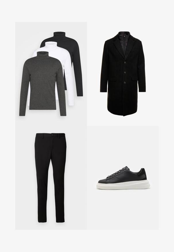 Schwarzer Wollmischung-Übermantel mit sleekem Design, ausgestattet mit einer herausnehmbaren isolierten Innenschicht, drei Knöpfen und zwei Fronttaschen.; Drei langärmelige Rollkragenpullover in Dunkelgrau, Weiß und Schwarz. Aus weichem Stoff mit geripptem Rollkragen-Design und taillierten Ärmeln.; Schwarze Slim-Fit-Hosen mit Gürtelschlaufen, Vorderknopf und Reißverschluss, auf einem schlichten hellen Hintergrund präsentiert.; Schwarze Ledersneaker mit einer weißen Gummisohle, ausgestattet mit flachen Schnürsenkeln und markierten Ösen. Weiche Textur mit einem kontrastierenden Seitenakzent.