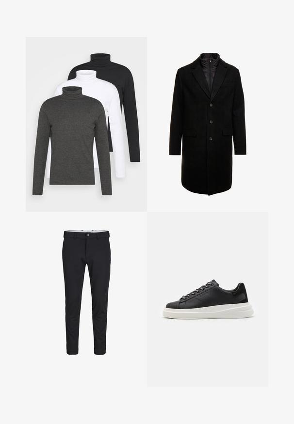 Fekete gyapjú keverékből készült overál, letisztult dizájnnal, cipzárral ellátott szigetelt belső réteggel, három gombbal és két elülső zsebből.; Három hosszú ujjú garbó sötétszürke, fehér és fekete színben. Puha anyagból készült, bordázott garbó nyakkal és testhezálló ujjakra tervezve.; Fekete nadrág sima, rugalmas anyagból készült. Slim fit fazonú, gombos záródással és oldalsó, zsebes kialakítással rendelkezik.; Fekete bőr sportcipő fehér gumitalppal, lapos fűzőkkel és márkázott fűzőlyukakkal. Puha tapintású, kontrasztos oldali akcentussal.