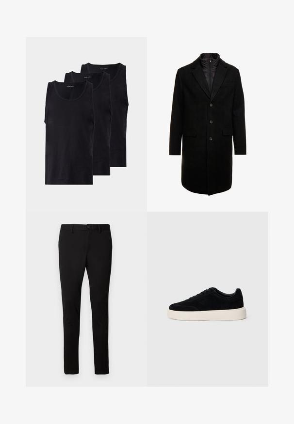 Sort uldblandings frakk med et elegant design, der har et indbygget isoleret inderlag, tre knapper og to forlommer.; Sorte bomuld tanktoppe i en pakke med tre, med rund halsudskæring og ærmeløs design, glat tekstur og en klassisk pasform.; Sorte slim-fit bukser med bæltesløjfer, frontknap og lynlås, vist på en ensfarvet lys baggrund.; Sorte suede sneakers med lav profil, rund tå og hvid gummisål. Har flade snørebånd og et diskret logo på siden.
