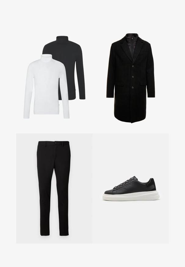 Pardessus preto em mistura de lã com um design elegante, apresentando uma camada interna isolada que pode ser colocada, três botões e dois bolsos frontais.; Duas blusas de gola alta de manga longa: uma em branco, outra em preto. Ambas apresentam um material macio em mistura de algodão e um design ajustado.; Calças pretas de corte ajustado com passantes para cinto, fecho frontal com botão e zipper, apresentadas sobre um fundo claro e simples.; Sapatilha preta em pele com sola de borracha branca, apresentando atacadores planos e ilhós com marca. Textura suave com um detalhe lateral em contraste.