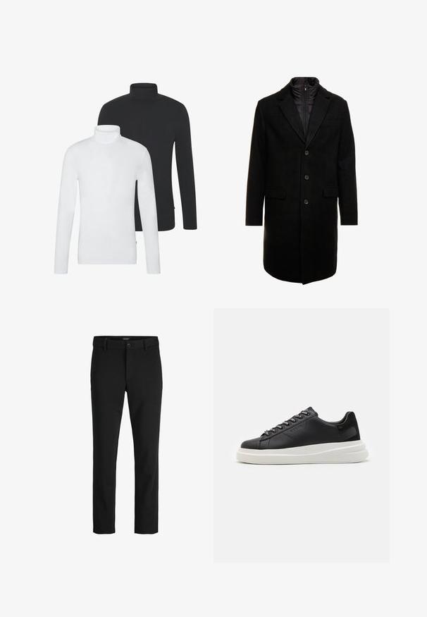 Sort uldblandings frakk med et elegant design, der har et indbygget isoleret inderlag, tre knapper og to forlommer.; To sæt af langærmede højhalset bluser: en i hvid og en i sort. Begge har et blødt bomuldsblandingsmateriale og en tætsiddende pasform.; Sorte bukser lavet af glat stof, med et klassisk design, lige snit, frontknaplukning og sidelommer.; Sort lædersneaker med en hvid gummisål, der har flade snørebånd og branded øjer. Blød tekstur med en kontrasterende sideaccent.
