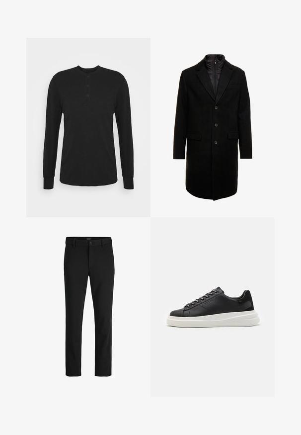 Mustan villasekoitteinen päällystakki, jossa on tyylikäs muotoilu, vuorattu irrotettavalla lämpökerroksella, kolme nappia ja kaksi etulokeroa.; Mustan pitkähihaisen paidan, jossa on pyöreä kaula-aukko, kolmen napin lista ja istuvat läpät. Valmistettu pehmeästä kankaasta, jossa on sileä rakenne.; Mustat housut, jotka on valmistettu sileästä kankaasta, klassisella designilla, suoralla leikkauksella, etunapin suljennalla ja sivutaskuilla.; Musta nahkakengät valkoisella kumipohjalla, joissa on tasaiset nauhat ja brändätyt rei'itykset. Pehmeä pinta, jossa on erottuva sivusärmä.
