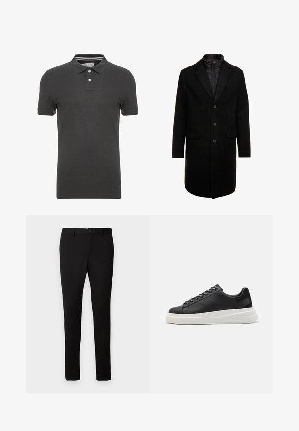 Svart ullblandingsfrakk med et elegant design, som har et avtagbart isolert innerlag, tre knapper og to frontlommer.; Mørkegrå poloskjorte med korte ermer, krage og tre-knappers placket. Har subtile stripete detaljer inne i kragen.; Sorte slim-fit bukser med bæltesløjfer, foran knap og lynlås lukning, præsenteret på en ensfarvet lys baggrund.; Svart lær sneakers med hvit gummisåle, med flate lisser og merkede lissehull. Myk tekstur med en kontrasterende sideaccent.