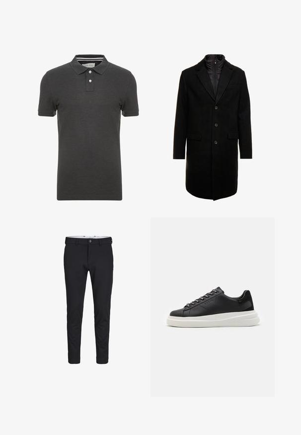 Zwarte wolblend overjas met een slank ontwerp, voorzien van een uitneembare geïsoleerde binnenlaag, drie knopen en twee voorzakken.; Donkergrijze polo met korte mouwen, een kraag en een drieknoopsluiting. Bevat subtiele gestreepte details binnen de kraag.; Zwarte broek gemaakt van een gladde, rekbare stof. Ze hebben een slim fit, een knoopsluiting en insteekzakken aan de zijkanten.; Zwarte leren sneakers met een witte rubberen zool, voorzien van platte veters en gemerkte oogjes. Zachte textuur met een contrasterende zijaccent.