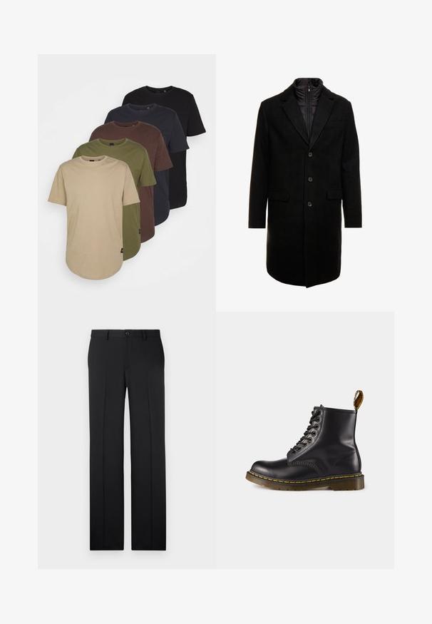 Czarny płaszcz wełniany o eleganckim fasonie, z ocieplaną wkładką na zamek, trzema guzikami i dwiema przednimi kieszeniami.; Pięć koszulek ułożonych w gradientowych kolorach: beżowym, oliwkowym, brązowym, ciemnoniebieskim i czarnym. Wykonane z miękkiej bawełny, mają krótkie rękawy i okrągły dekolt.; Czarne, dopasowane spodnie z prostymi nogawkami, gładkiego materiału, z zaszewkami z przodu i pojedynczym zapięciem na guzik w pasie.; Czarne skórzane botki sięgające do kostki z żółtym przeszyciem, wiązane z przodu, o okrągłym nosku i teksturowanej gumowej podeszwie. Posiadają pętelkę z tyłu.