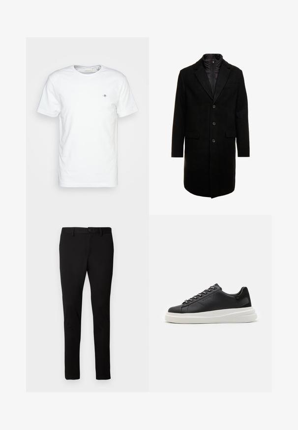 Juodas vilnos mišinio viršutinis paltas su elegantišku dizainu, turintis įsitraukiančią izoliuotą vidinę dalį, tris mygtukus ir dvi priekinės kišenes.; Balta medvilninė marškinė su apvaliu iškirptimu ir trumpomis rankovėmis, su mažuoju logotipu ant krūtinės ir lygiu, švariu paviršiumi.; Juodi siauri kelnės su dirželių kilpomis, priekyje esančiu mygtuku ir užtrauktuku, rodomos ant vientiso šviesaus fono.; Juodos odinės sportbačiai su balta guma padanga, su plokščiomis raiščiais ir firminiais skylutėmis. Minkšta tekstūra su kontrastingu šonu akcentu.