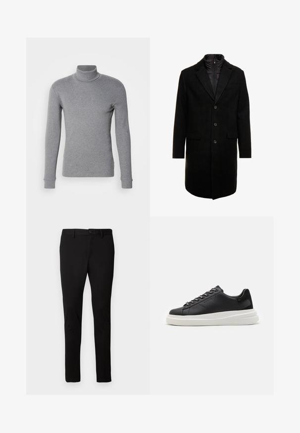 Svart ullblandingsfrakk med et elegant design, som har et avtagbart isolert innerlag, tre knapper og to frontlommer.; Grå genser med høy hals laget av et mykt og elastisk stoff. Lange ermer, tettsittende silhuett, og ribbestrikket halslinning med mansjetter.; Sorte slim-fit bukser med bæltesløjfer, foran knap og lynlås lukning, præsenteret på en ensfarvet lys baggrund.; Svart lær sneakers med hvit gummisåle, med flate lisser og merkede lissehull. Myk tekstur med en kontrasterende sideaccent.