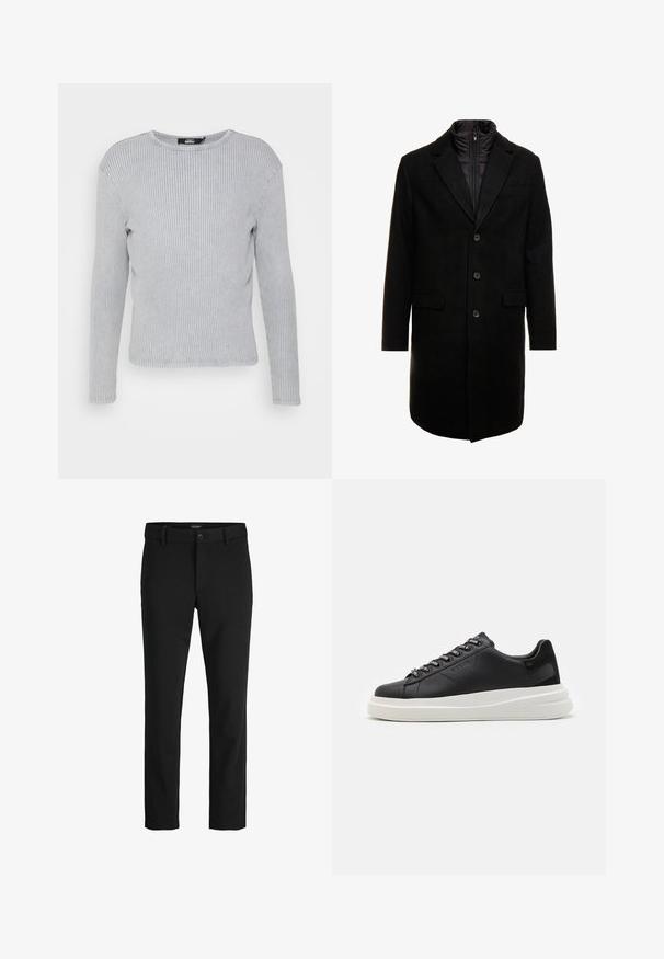 Crni kaput od vune s mješavinom, elegantnog dizajna, s odvojivim izoliranim unutarnjim slojem, tri gumba i dva prednja džepa.; Svijetlosiva dugosleeve rebrasta majica s okruglim izrezom i ravnim rubom. Mekana tekstura s suptilnim vertikalnim prugama i bez vidljivih kopči.; Crne hlače izrađene od glatkog materijala, s klasičnim dizajnom, ravnim krojem, prednjim kopčanjem na dugme i bočnim džepovima.; Crne kožne tenisice s bijelim gumenim potplatima, s ravnim vezicama i brendiranim rupama za vezanje. Mekana tekstura s kontrastnim bočnim naglaskom.