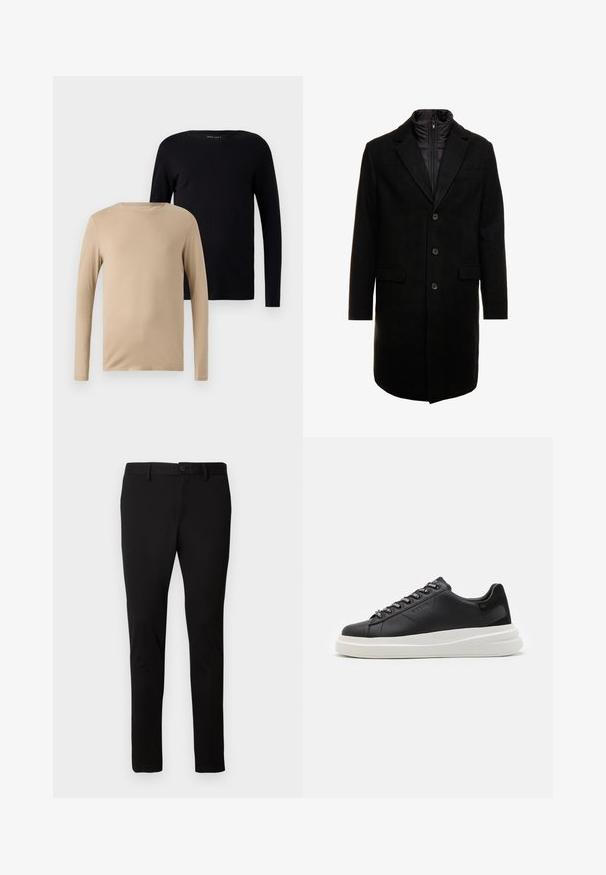 Crni kaput od vune s mješavinom, elegantnog dizajna, s odvojivim izoliranim unutarnjim slojem, tri gumba i dva prednja džepa.; Dva majice dugih rukava: jedna u bež boji i jedna u crnoj boji. Mekani, rastezljivi materijal s okruglim izrezima i minimalističkim dizajnom.; Crne uske hlače s petljama za remen, prednjim dugmetom i zatvaranjem na zatvarač, prikazane na jednostavnoj svijetloj pozadini.; Crne kožne tenisice s bijelim gumenim potplatima, s ravnim vezicama i brendiranim rupama za vezanje. Mekana tekstura s kontrastnim bočnim naglaskom.