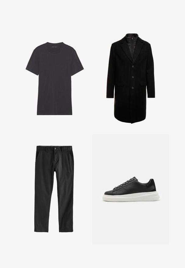 Černý vlněný kabát s elegantním designem, který má odnímatelnou izolační vnitřní vrstvu, tři knoflíky a dvě přední kapsy.; Tmavě šedé tričko s krátkým rukávem vyrobené z měkkého, hladkého materiálu. Kruh zvláštní výstřih s čistými švy a bez jakýchkoli ozdob nebo vzorů.; Černé kalhoty z hladké tkaniny, s knoflíkovým zapínáním, bočními kapsami a rovnými nohavicemi. Žádné viditelné vzory ani textura.; Černé kožené tenisky s bílou gumovou podrážkou, mají ploché tkaničky a očička s logem. Jemná textura s kontrastním bočním akcentem.