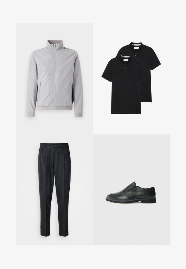 Light gray jacket with a stand-up collar, zip closure, and two side zip pockets. Features ribbed cuffs and hem, smooth texture.; Two black polo shirts, short-sleeved, cotton material, featuring a classic collar, two-button placket, and white striped accents inside the collar.; Tailored trousers in dark gray fabric with thin vertical stripes; features a button closure and pleated front design.; Black leather slip-on shoe with a smooth upper, stitched accents, rounded toe, and a low rubber heel. Sole features minimal tread.