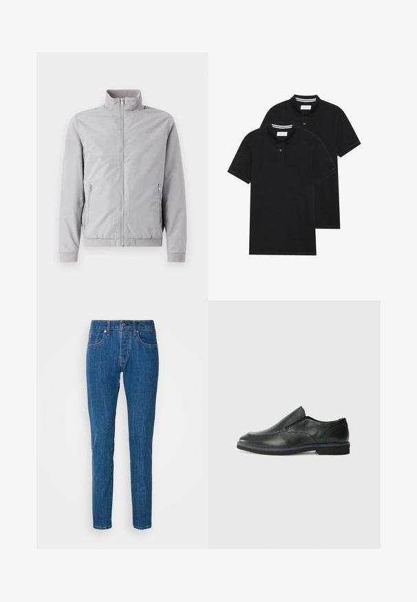 Light gray jacket with a stand-up collar, zip closure, and two side zip pockets. Features ribbed cuffs and hem, smooth texture.; Two black polo shirts, short-sleeved, cotton material, featuring a classic collar, two-button placket, and white striped accents inside the collar.; Blue straight-leg jeans made of denim, featuring a standard five-pocket design, a button fly, and subtle fading along the legs.; Black leather slip-on shoe with a smooth upper, stitched accents, rounded toe, and a low rubber heel. Sole features minimal tread.