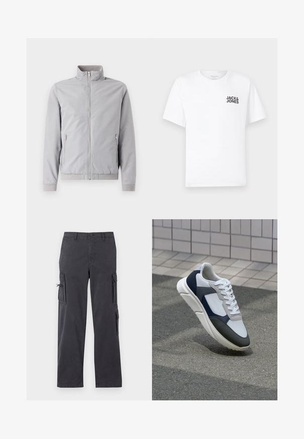 Világosszürke dzseki álló gallérral, cipzáras záródással és két oldalsó cipzáras zsebbel. Felső anyaga bordázott mandzsettákkal és szegéllyel, sima tapintású.; Fehér pamut póló, rövid ujjú, kerek nyakkivágással. A bal mellrészen található a fekete "JACK & JONES" feliratú logó. Egyszerű, sima dizájn.; Sötétszürke cargo nadrág egyenes lábbetéttel, tartós pamut keverékből készült, oldalsó zsebekkel és állítható húzózsinórral.; Fehér, tengerészkék és szürke sneaker vegyes anyagokból készült dizájnnal, amely textúrázott felsőrésszel, lapos fűzőkkel és párnázott talppal rendelkezik.