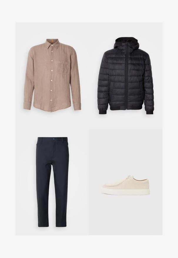 Chaqueta de plumas negra con capucha, que cuenta con acolchado de tipo quilt, cremallera frontal y puños y dobladillo elastizados. Material liso y resistente al agua.; Camisa de lino de manga larga en color marrón claro con cuello abotonado, bolsillo frontal y botones de color claro. Tejido texturizado con un corte relajado.; Pantalones de traje azul marino, confeccionados en una tela suave, con un bolsillo con cremallera, perneras rectas y un cierre de botón en la cintura.; Zapatillas de ante beige claro con punta redondeada, costuras mínimas y suela de goma blanca. Presenta un cierre de cordones sencillo y un detalle de marca.