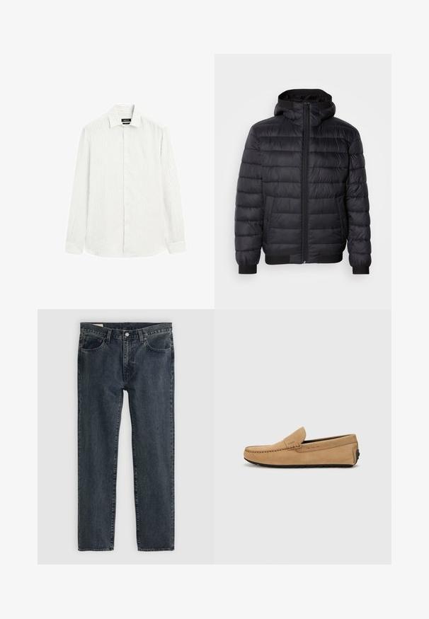 Schwarze Daunenjacke mit Kapuze, ausgestattet mit gestepptem Futter, einem Reißverschluss vorn und elastischen Bündchen und Saum. Glattes, wasserabweisendes Material.; Langarmhemd in Hellgrau mit subtilen vertikalen Streifen. Button-down-Kragen, durchgängige Knopfleiste und Ein-Knopf-Manschetten. Strukturiert gewebter Stoff.; Dunkelblaue Jeans aus Denim mit geradem Bein, fünf Taschen und einem Knopfverschluss. Der Stoff weist eine subtile Ausbleichung und Textur auf.; Beige Wildleder-Mokassinschuh mit gestickter Zehenpartie, im Slip-On-Design und schwarzer Gummisohle. Besitzt dezente Markenkennzeichnung an der Seite.