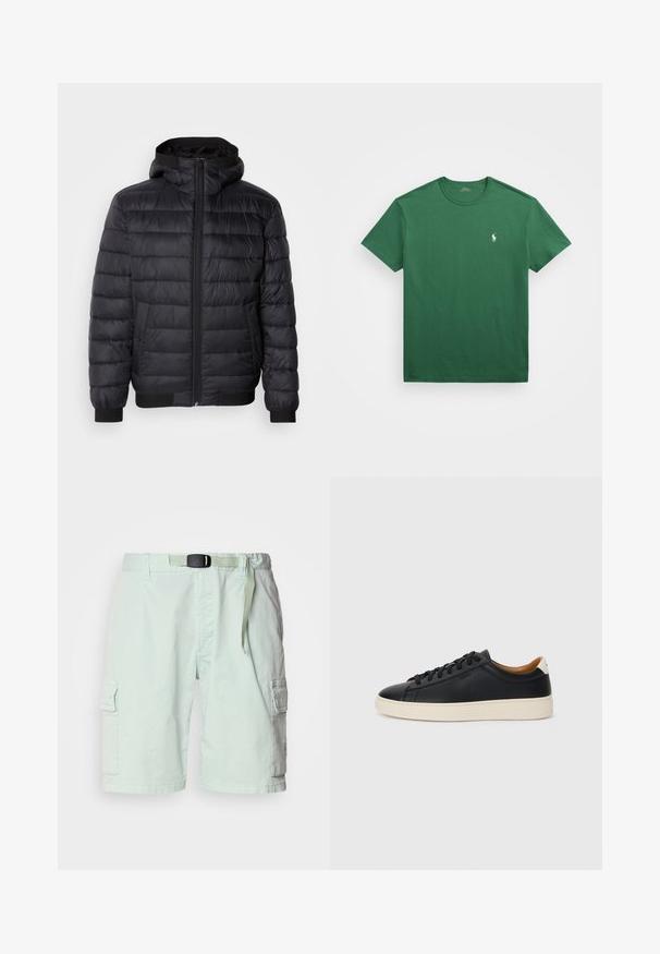 Fekete puffdzseki kapucnival, steppelt töltettel, elülső cipzárral és rugalmas mandzsettákkal és alsó szegéllyel. Sima, vízálló anyag.; Zöld pamut póló kerek nyakkal, rövid ujjakkal és egy kis fehér logóval a bal mellrészen. Simogató textúra, klasszikus fazon.; Világoszöld cargo sort könnyű anyagból, övvel, oldalsó zsebekkel és laza szabással.; Fekete bőr sportcipők sima felülettel, bézs gumitalppal, fűzős dizájnnal és kontrasztos sarkú akcentussal.