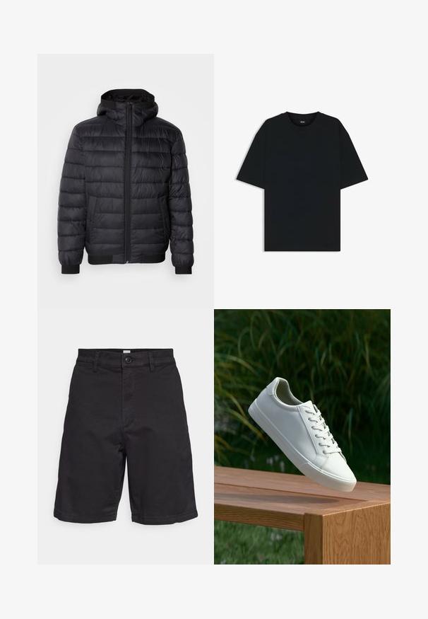 Black puffer jacket with a hood, featuring quilted padding, a front zipper, and elasticized cuffs and hem. Smooth, water-resistant material.; Black cotton t-shirt with a round neckline and short sleeves. Features a loose fit and a simple design without patterns or accents.; GAP ESSENTIAL SHORT - Shorts - true black; White lace-up sneaker hovering above wooden bench with green foliage in the background, showcasing shoe design and texture.