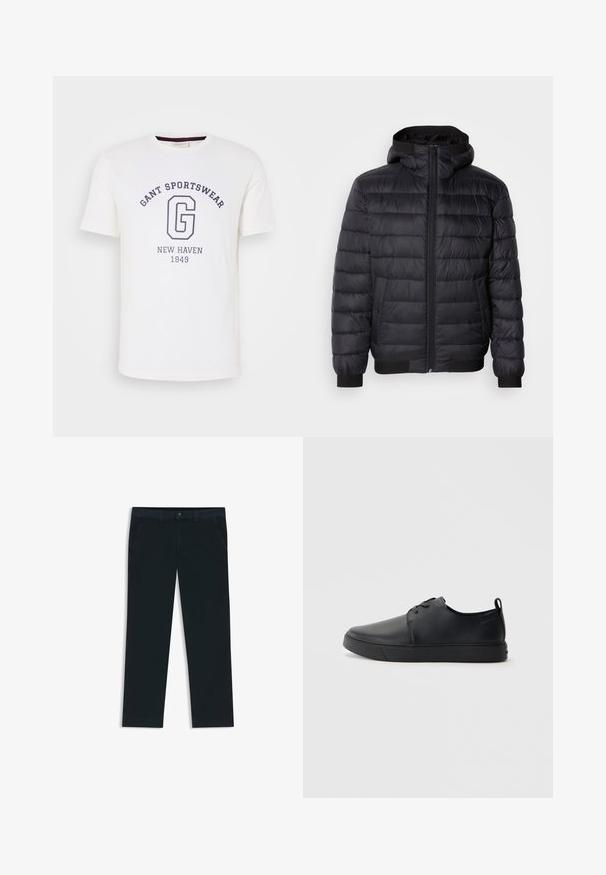 Svart puffjacka med huva, med kviltad polstring, framdragkedja och elastiska ärmslut och nederkant. Slät, vattenavvisande material.; Vit bomull t-shirt med rundad halslinning, korta ärmar och mörkblå tryckt text: "GANT SPORTSWEAR", "NEW HAVEN" och "1949."; Mörk marinblå chinos tillverkade av en blandning av bomull. Har bältesloopar, framfickor och en dragkedja med knappstängning.; Svart lädersneaker med en slät yta, rund tå, tonad sömnad, snörning framtill och en platt gummisula. Ögla vid hälen.