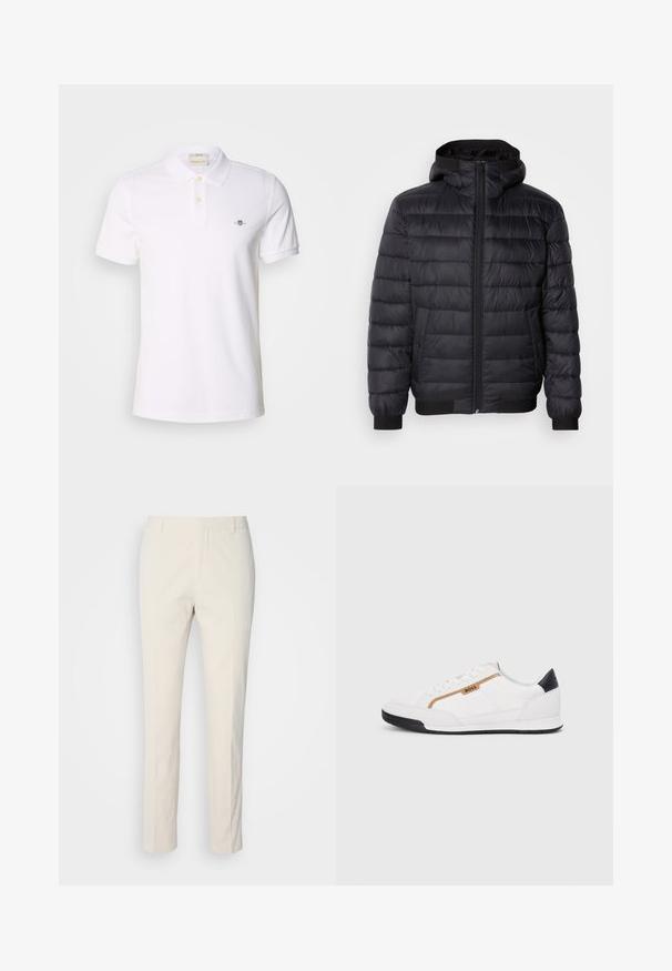 Casaco puffer preto com capuz, apresentando enchimento acolchoado, fecho dianteiro e punhos e bainha elásticos. Material liso e resistente à água.; Camisa pólo branca em tecido de algodão, com um fecho de botões de dois, mangas curtas com punhos dobrados e um pequeno logótipo bordado no peito.; Calças ajustadas de cor creme com um tecido texturizado. Apresenta um design de perna reta, passantes para cinto e dois bolsos frontais. Sem padrões.; Tênis atléticos brancos com detalhes em malha e couro. Apresenta um logotipo dourado "BOSS", painéis laterais texturizados e um capô de calcanhar preto. Sola em borracha.