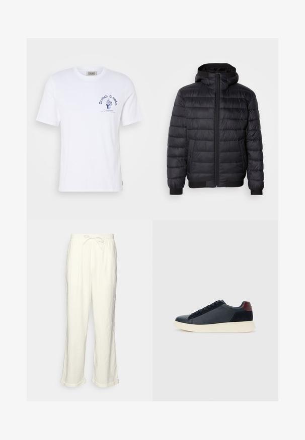 Black puffer jacket with a hood, featuring quilted padding, a front zipper, and elasticized cuffs and hem. Smooth, water-resistant material.; White cotton t-shirt with short sleeves. Features a blue graphic print on the chest of an ice cream cone and brand name "Scotch & Soda."; Linen trousers in off-white with a drawstring waistband, slightly wide legs, and rolled cuffs for a relaxed fit. No pockets.; Low-top men's sneaker in black leather and suede with maroon heel tab and white rubber sole, viewed from the outer side.