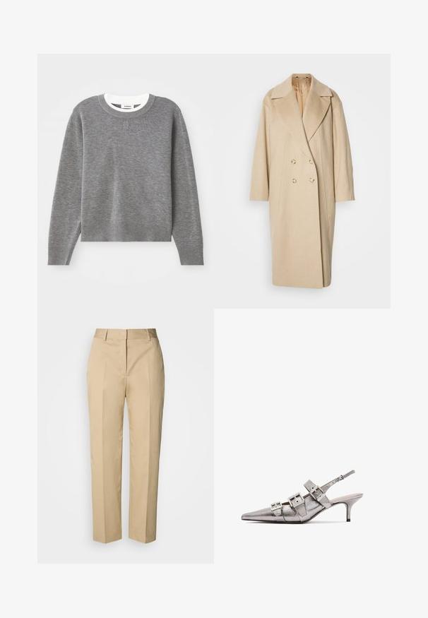 Beżowy wełniany płaszcz zapinany na podwójne guziki z szerokimi klapami, długimi rękawami i dwoma dużymi guzikami. Gładka tekstura o luźnym kroju.; Szary sweter z długimi rękawami, okrągłym dekoltem oraz ściągaczami u mankietów i u dołu. Posiada teksturowany splot i małe logo na piersi.; Beżowe spodnie o prostych nogawkach z pętlami na pasek, przednim kantem i ukrytym zapięciem, prezentowane na jasnym tle.; Metaliczne srebrne buty na obcasie typu slingback z ostrym noskiem, z trzema szerokimi paskami i kwadratowymi, metalowymi klamrami. Błyszcząca tekstura i smukły obcas.