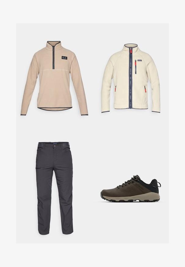 Kerman fleece-takki korkealla kauluksella, tummansinisillä vetoketjuilla ja kontrastoivilla punaisilla vetoketjun vetimillä. Sisältää sivu- ja rintataskut. Rakenteellinen pinta.; Beige fleece-paita, jossa on puolivetoketju kauluksessa, tumman värin kontrastiväri, ja pieni logo-patch vasemmassa rinnassa. Pitkät hihat, pyöristetty helma.; Tummanharmaat housut, jotka on valmistettu kestävästä kankaasta. Niissä on vetoketjullinen tasku, suora leikkaus ja vyölenkit säädettävää istuvuutta varten.; Ruske vedenäyttävät lenkkarit, joissa on tekstuuroitu päällinen, reikiä korostavia yksityiskohtia, musta kantatuki ja harmaa kumipohja. Kiristysnauhoissa on metalliset päät.