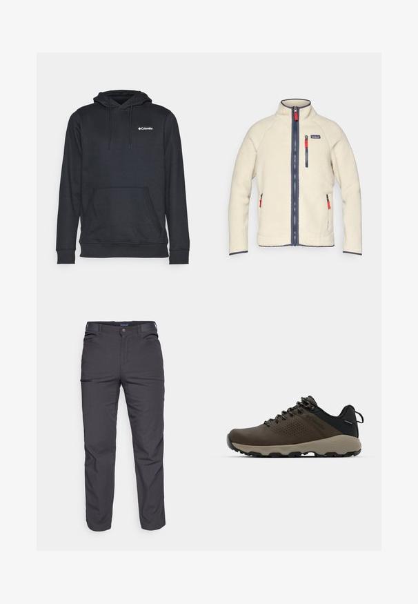 Jachetă din fleece crem cu guler înalt, fermoare bleumarin și mânere de fermoar roșii contrastante. Prezintă buzunare laterale și pe piept. Suprafață texturată.; Hanorac negru dintr-un material moale, dotat cu o buzunar frontal, glugă cu șnur și logo alb pe pieptul stâng. Croială clasică cu manșete ribbate.; Pantaloni negri închis dintr-un material rezistent, cu un buzunar cu fermoar, croială dreaptă și bucle pentru curea pentru ajustarea potrivirii.; Adidași impermeabili maro, cu un superior texturat, accente perforate, suport pentru călcâie negru și o talpă din cauciuc gri. Șireturile au vârfuri metalice.