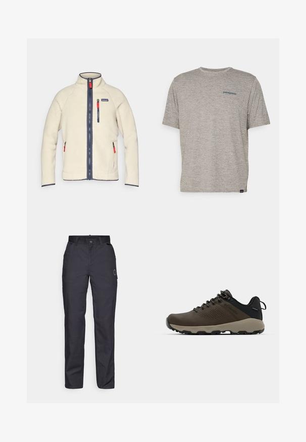Kerman fleece-takki korkealla kauluksella, tummansinisillä vetoketjuilla ja kontrastoivilla punaisilla vetoketjun vetimillä. Sisältää sivu- ja rintataskut. Rakenteellinen pinta.; Harmaa lyhythihainen t-paita, joka on valmistettu pehmeästä, teksturoidusta kankaasta ja jossa on pieni sininen Patagonia-logo vasemmassa rinnassa. Ei muita kuvioita.; Mustat housut, joissa on kestävä kangas, suora lahjemalli, etutaskut ja napin kiinnitys. Huomaamaton logo sivussa.; Ruske vedenäyttävät lenkkarit, joissa on tekstuuroitu päällinen, reikiä korostavia yksityiskohtia, musta kantatuki ja harmaa kumipohja. Kiristysnauhoissa on metalliset päät.