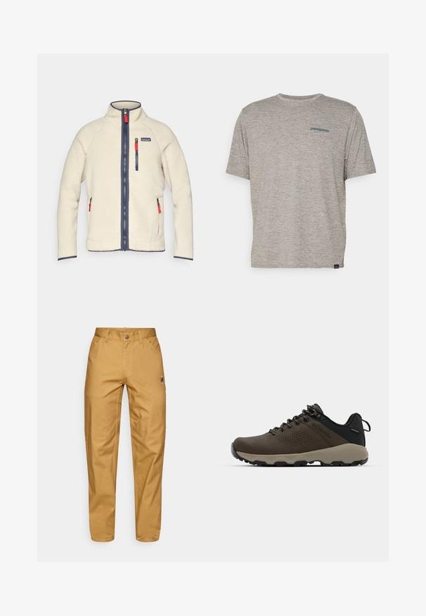 Chaqueta de forro polar crema con cuello alto, cremalleras azul marino y tiradores de cremallera rojos en contraste. Cuenta con bolsillos laterales y en el pecho. Superficie texturizada.; Camiseta gris de manga corta hecha de una tela suave y texturizada, que presenta un pequeño logotipo azul de Patagonia en el lado izquierdo del pecho. Sin patrones adicionales.; Pantalones de trabajo para hombre en color beige, con bolsillos frontales, trabillas para el cinturón, cierre de botón y un pequeño logo circular en el muslo derecho.; Zapatillas impermeables marrones con parte superior texturizada, acentos perforados, soporte para el talón negro y suela de goma gris. Los cordones tienen extremos metálicos.