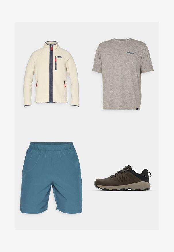 Kremfarget fleecejakke med høy krage, marineblå glidelåser og kontrasterende røde glidelåsdragere. Har sidelommer og brystlomme. Teksturert overflate.; Grå kortermet t-skjorte laget av mykt, teksturert stoff med en liten blå Patagonia-logo på venstre bryst. Ingen ekstra mønstre.; Herre shorts i en myk blå stoff, med elastisk midje, sidelommer og løs passform. Glatt tekstur uten synlige mønstre.; Brune vanntette joggesko med teksturert overdel, perforerte detaljer, svart hæl støtte og en grå gummisåle. Snøring er stilisert med metalliske ender.