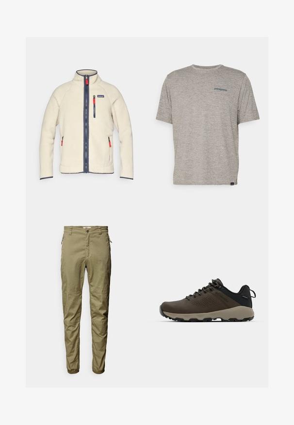 Krēmveida flīsa jaka ar augstu apkakli, tumši ziliem rāvējslēdzējiem un kontrastējošiem sarkaniem rāvējslēdzēju vilkām. Izturīgas sānu un krūšu kabatas. Tekstūrēta virsma.; Pelēka īsām piedurknēm kreks, kas izgatavots no mīkstas teksturētas auduma, ar mazu zilu Patagonia logotipu kreisajā krūtī. Bez papildu rakstiem.; Olīvu zaļas bikses, kas izgatavotas no viegla auduma, ar priekšējiem kabatām, sānu rāvējslēdzēju un elastīgām piedurknēm.; Brūni ūdensnecaurlaidīgi sporta apavi ar teksturētu virsu, perforētiem akcentiem, melnu papēža atbalstu un pelēku gumijas zoli. Šņores veidotas ar metāliskiem galiem.