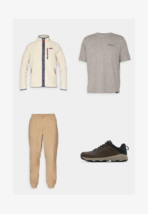 Creme fleecejakke med høj krave, marineblå lynlåse og kontrastfarvede røde lynlås træk. Har sidelommer og en brystlomme. Struktureret overflade.; Grå kortærmet t-shirt lavet af blødt, struktureret stof med et lille blåt Patagonia-logo på venstre bryst. Ingen yderligere mønstre.; Beige joggerbukser med elastisk talje, knaplukning, sidelommer og elastiske manchetter.; Brune vandtætte sneakers med en tekstureret overflade, perforerede akcenter, sort hælunderstøttelse og en grå gummisål. Snørebåndene er udsmykket med metalender.