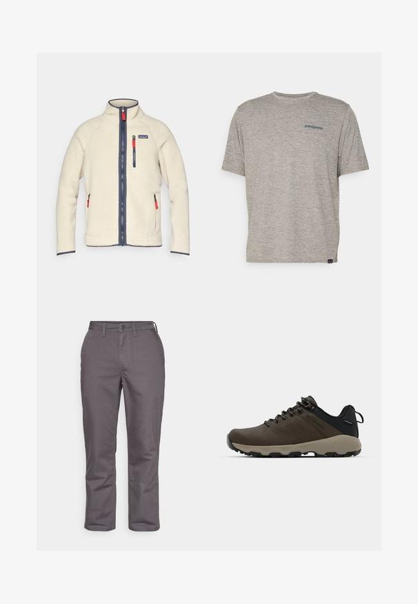 Kremasti flis jakna s visokim ovratnikom, mornarskim zatvaračima i kontrastnim crvenim povlačenjem zatvarača. Sadrži bočne i džep na prsima. Teksturirana površina.; Siva majica kratkih rukava izrađena od mekane, teksturirane tkanine s malim plavim Patagonia logotipom na lijevoj strani prsiju. Bez dodatnih uzoraka.; Patagonia TRAVELER CHINO PANTS - Hlače za otvoreno - forge grey; Smeđe vodootporne tenisice s teksturiranom gornjom i perforiranim detaljima, crnom potporom za petu i sivim gumiranim potplatom. Čipke su stilizirane s metalnim krajevima.