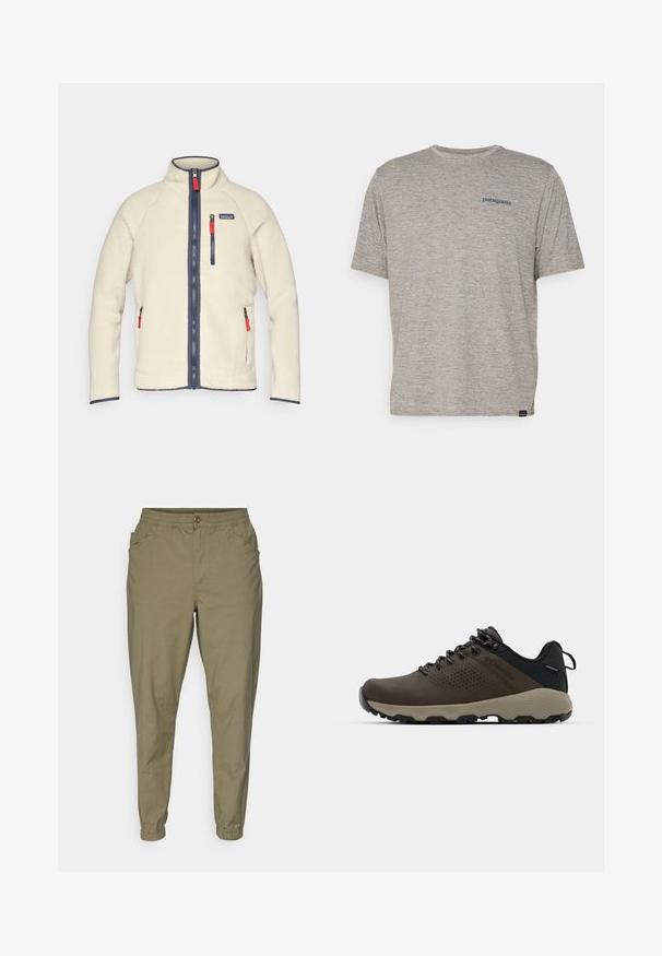 Krémová fleecová bunda s vysokým límcem, námořnickými zipy a kontrastními červenými táhly zipu. Obsahuje boční a hrudní kapsy. Texturovaný povrch.; Šedé tričko s krátkým rukávem vyrobené z měkké, texturované látky, se malým modrým logem Patagonia na levé straně hrudi. Žádné další vzory.; Světle olivové kalhoty s elastickým pasem, zapínáním na knoflík, bočními kapsami a zužujícími se nohavicemi s elastickými manžetami. Měkká, hladká tkanina.; Hnědé nepromokavé sneakers s texturovaným svrškem, perforovanými detaily, černým oporou paty a šedou gumovou podrážkou. Šňůrky mají kovové konce.