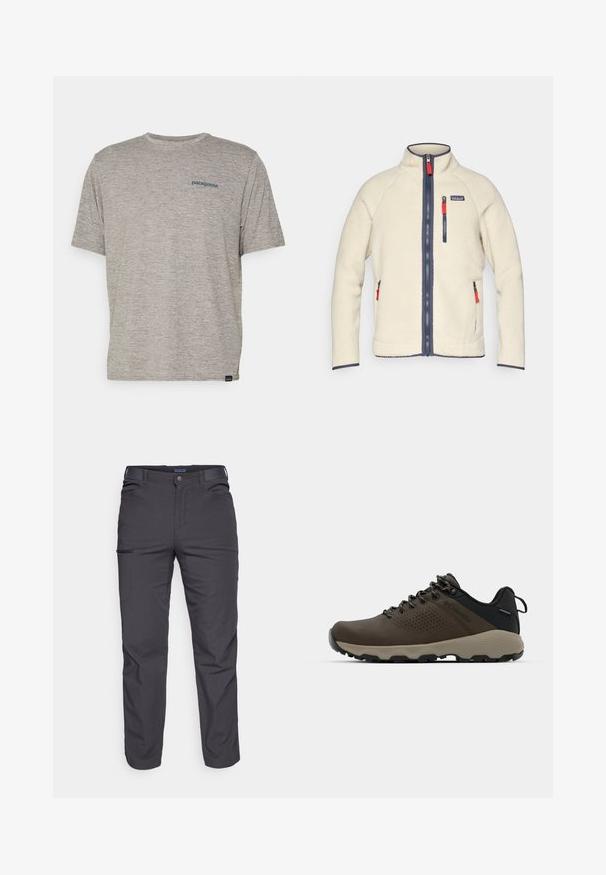 Casaco de fleece creme com colarinho alto, fechos de correr azuis e puxadores de fecho de correr vermelhos em contraste. Apresenta bolsos laterais e um bolso no peito. Superfície texturada.; Camiseta cinza de manga curta feita de um tecido suave e texturizado, com um pequeno logo azul da Patagonia no lado esquerdo do peito. Sem padrões adicionais.; Calças cinza-escuras feitas de um tecido durável, com um bolso com fecho éclair, corte reto e passantes para cinto para um ajuste ajustável.; Ténis impermeáveis castanhos com um upper texturizado, detalhes perfurados, apoio para o calcanhar preto e uma sola de borracha cinza. Os atacadores têm extremidades metálicas.