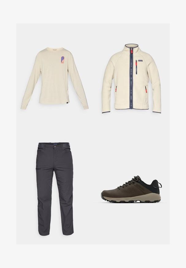 Jachetă din fleece crem cu guler înalt, fermoare bleumarin și mânere de fermoar roșii contrastante. Prezintă buzunare laterale și pe piept. Suprafață texturată.; Camisă bej cu mânecă lungă de la Patagonia, cu un mic logo albastru și roșu în colțul stâng sus al pieptului, având un design stilizat și text.; Pantaloni negri închis dintr-un material rezistent, cu un buzunar cu fermoar, croială dreaptă și bucle pentru curea pentru ajustarea potrivirii.; Adidași impermeabili maro, cu un superior texturat, accente perforate, suport pentru călcâie negru și o talpă din cauciuc gri. Șireturile au vârfuri metalice.