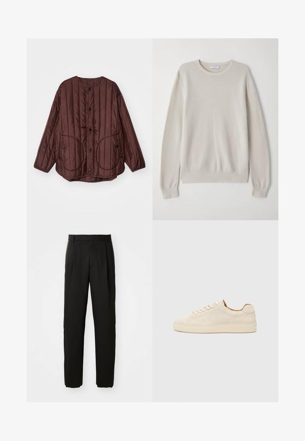 Brūns šuvēts mētelis ar apaļu kakla izgriezumu, ar pogām uz spiediena, divām lielām apaļām kabatām un vertikālām tekstūrētām šuvēm visā virsmā.; Gaišbeigā džemperis, kas izgatavots no mīksta adījuma auduma. Ar apaļu kakla izgriezumu, garām piedurknēm, ribotām aprocēm un apakšmalu ar smalku tekstūras detaļu.; Melnas pielāgotas bikses ar taisnu griezumu, kurām ir plakana priekšpuse un gluda, audumam līdzīga tekstūra.; Bežīgas zamša kedas ar zemu augstumu, apaļu purngalu, plakaniem šņorēm un teksturētu gumijas zoli. Minimālistisks stils bez redzamām logo.