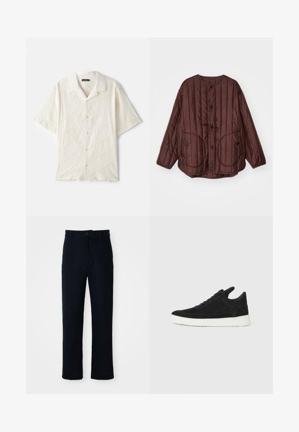 Pruun katterdatud jakk ümmarguse kaelusega, nööbid, kaks suurt ümmargust taskut ja tekstuuriga vertikaalne õmblus üle kogu jakki.; Lühikeste varrukatega nööpidu särk off-white värvuses, millel on struktuurne kangas lainelaadsete omadustega ja klassikaline krae.; Tumed sinelased püksid puuvillast, sirge lõikega, eesnupu sulgemisega ning klassikalise vöökohaga, kus on vööaasad.; Must mustel kingad valge kummist tallaga, millel on toon-toonis õmblused ja paeltega disain. Sile tekstuur ja moodne, voolujooneline kuju.