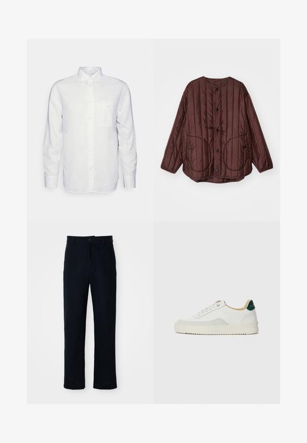Brun quilted jakke med rund hals, trykknapper, to store sirkulære lommer og teksturert vertikal søm gjennom hele.; Langermet hvit skjorte laget av bomull, med krage med knapper, frontlomme og vanlig passform. Teksturert stoff med en glatt overflate.; Navyblå bukser laget av bomull, med rett ben-design, frontlukking med knapp og klassisk midje med beltehanker.; Hvit sneakers med semsket detaljer, rund tå, flate snøringer og en kremfarget gummisåle. Har grønn merking på hælen.