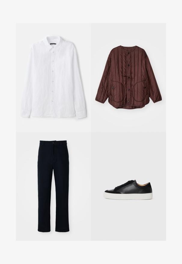 Brun quilted jakke med rund hals, trykknapper, to store sirkulære lommer og teksturert vertikal søm gjennom hele.; Hvit langermet skjorte med knapper laget av teksturert stoff. Har klassisk krage og knappelukking foran med små, runde knapper.; Navyblå bukser laget av bomull, med rett ben-design, frontlukking med knapp og klassisk midje med beltehanker.; Svart lærsneaker med semsket detaljer, rund tå, flat hvit gummisåle, og kontrasterende teksturer på kroppen og snørene.
