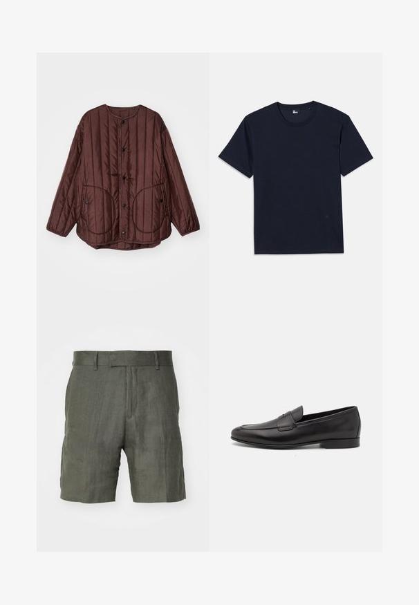 Brązowa pikowana kurtka z okrągłym dekoltem, zatrzaskami, dwiema dużymi okrągłymi kieszeniami i teksturowanym pionowym przeszyciem w całej długości.; Granatowa bawełniana koszulka z krótkim rękawem, okrągłym dekoltem i minimalnymi detalami szwów. Prosty design bez widocznych wzorów czy akcentów.; Olive zielone lniane szorty z usztywnioną talią, płaskim przodem i bocznymi kieszeniami. Teksturowana tkanina o luźnym kroju, sięgająca do połowy uda.; Czarne skórzane męskie loafersy z niskim obcasem i klasycznym paskiem penny, przedstawione w profilu bocznym na białym tle.