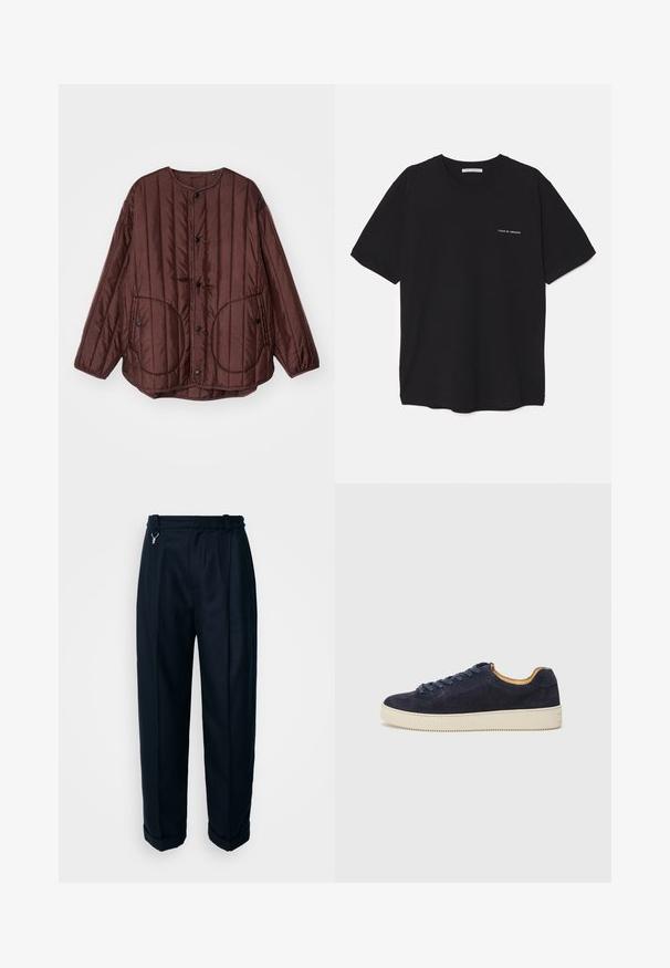 Καφέ επικαλυμμένο μπουφάν με στρογγυλή λαιμόκοψη, κουμπιά με κλιπ, δύο μεγάλα κυκλικά μπατζάκια και υφή κατακόρυφης ραφής σε όλη του την επιφάνεια.; Μαύρο βαμβακερό T-shirt με στρογγυλή λαιμόκοψη, κοντά μανίκια και λευκή εκτύπωση λογότυπου στην αριστερή πλευρά του στήθους. Απλός, μονόχρωμος σχεδιασμός.; Ναυτικά παντελόνια κατασκευασμένα από απαλό ύφασμα, με ψηλή μέση, πιετέ και γυριστά μανίκια. Χάλκινα διακοσμητικά στοιχεία στη μέση.; Ναυτικό σουέντ χαμηλό sneaker με στρογγυλή μύτη, λευκή καουτσούκ σόλα και αντίστοιχους κορδόνες; διαθέτει αντίθετο καφέ εσωτερικό φόρεμα.