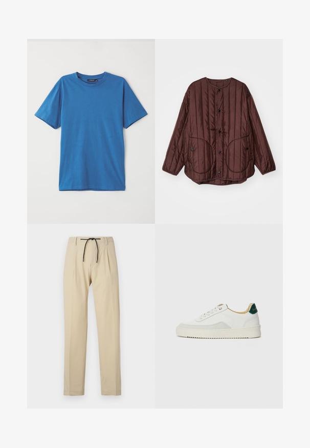 Brun quiltet jakke med rund halsudskæring, trykknapper, to store cirkulære lommer og tekstureret lodret syning over hele jakken.; Blå bomulds t-shirt med korte ærmer, rund hals og en glat tekstur. Uden mønstre eller accenter. Enkel, klassisk design.; Beige bukser med lige pasform, der har snøring i taljen, plisseret front og glat tekstur. Enkel og alsidig design.; Hvide sneakers med ruskindsdetaljer, rund tå, flade snørebånd og en cremet gummisål. Har grøn branding på hælen.