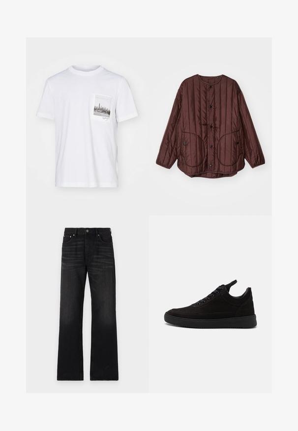 Ruskea tikkikangas takki, jossa on pyöreä kaula-aukko, nepparit, kaksi suurta pyöreää taskua ja materiaalin pituussuuntainen tekstuuri.; Helmut Lang POSTCARD SKYLINE - Printtipaita - white; Mustat leveälahkeiset farkut, valmistettu denimistä. Varustettu napilukolla ja viidellä taskulla. Höyhenen vaaleat sävyt lahkeissa, suora leikkaus.; Mustat mokkaurheilukengät, joissa on pyöreä kärki, nauhakiinnitys, pehmustettu nilkkaosa ja teksturoitu kumipohja pidon saavuttamiseksi. Minimalistinen muotoilu ja sileä viimeistely.