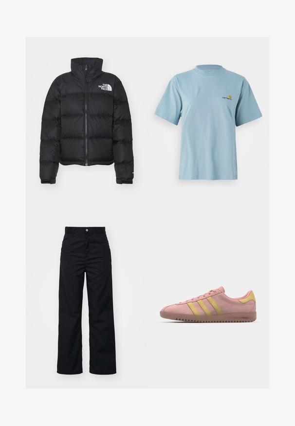 Black puffer jacket with a high collar, zip front, and ribbed cuffs. Features horizontal quilted sections and a white logo on the chest.; Light blue short-sleeve cotton t-shirt with round neck and small yellow and red Carhartt logo on left chest.; Black wide-leg pants made from durable fabric, featuring a front button closure, two side pockets, and a smooth texture.; Pink suede sneaker with three yellow stripes, rounded toe, and textured rubber sole. Low profile design with a cushioned collar.