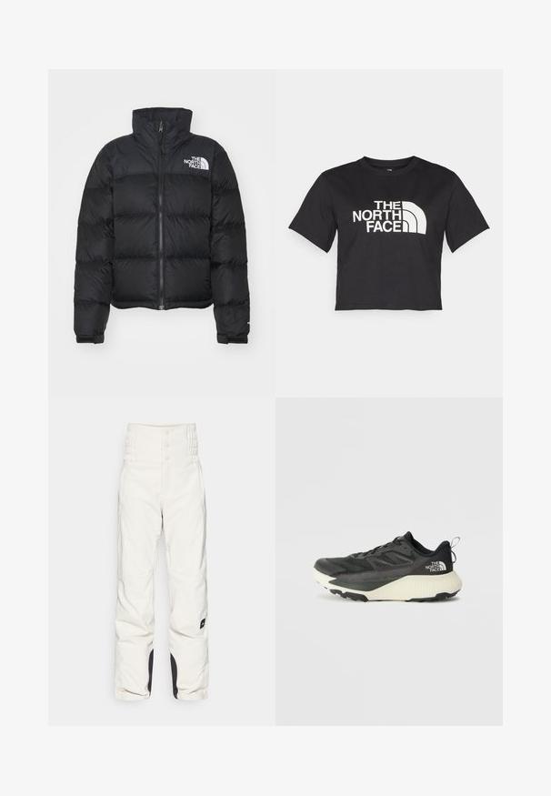 Zwarte pufferjack met hoge kraag, rits aan de voorkant en geribbelde manchetten. Bevat horizontaal gestikte secties en een wit logo op de borst.; Zwarte cropped t-shirt gemaakt van katoen, met een wit logo met gebogen accenten en de tekst "THE NORTH FACE" op de voorkant. Korte mouwen, ronde hals.; Witte sneeuwbroek met een hoge, gathered tailleband, twee voorzakken en zwarte accenten aan de zomen. Gemaakt van een gladde, weerbestendige stof.; Zwarte sportieve schoen met een gestructureerde bovenkant, voorzien van grijze accenten en een witte tussenzool. Inclusief een trekhaak en een opvallend merklogo op de hiel.