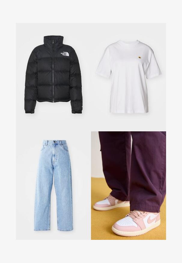 Melna pūķa jaka ar augstu apkakli, ar rāvējslēdzēju priekšā un ribotu aproču. Iezīmē horizontālas quiltētas daļas un baltu logotipu uz krūšu.; Balta kokvilnas T-kreklā ar brīvu piegriezumu, īsām piedurknēm un mazu izšūtu logotipu kreisajā krūtīs.; Augstās jostas vietas gaiši zilas džinsu bikses ar taisnām platām kājām, ar pogu priekšā, rāvējslēdzēja aizdari un priekšējām un aizmugurējām kabatām.; Jordan AIR JORDAN 1 LOW - Treniņu apavi - white/pink oxford/sail