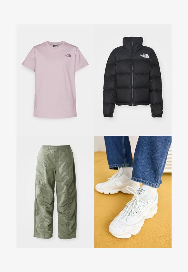 Černá péřová bunda s vysokým límcem, předním zipem a žebrovanými manžetami. Obsahuje horizontálně prošívané sekce a bílé logo na hrudi.; The North Face BOX RELAXED TEE - Triko s potiskem - purple chalk/midnight mauve; Olivově zelené, lehké kalhoty s elastickým pasem, s nařasenou strukturou po stranách a širokým střihem.; Bílé tenisky New Balance 1000 vyrobené z prodyšné síťoviny a kůže, kulatá špička, texturovaný design a tkaničky. V kombinaci s modrými džíny.